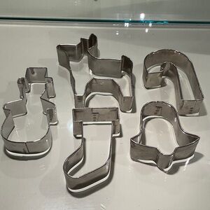Set of 5 Christmas Cookie Cutters.  Snowman,stocking,bell,reindeer& candy cane.